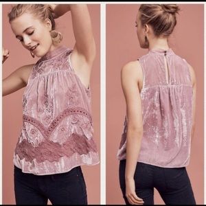 Anthropologie velvet pink embroidered top
